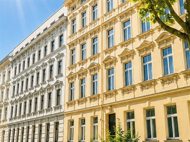 Sanierte Gründerzeitfassade des Mehrfamilienhauses in Leipzig-Gohlis-Süd bei Sonnenschein