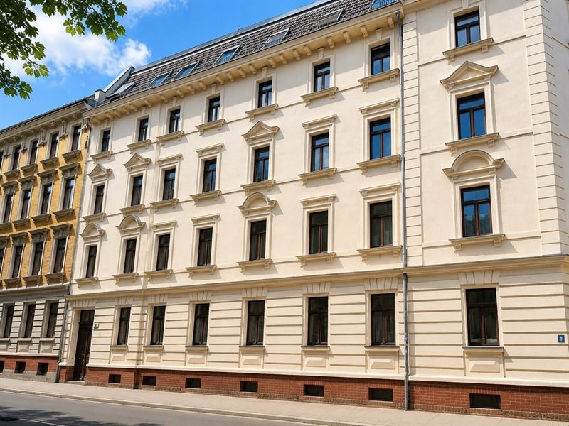 Sanierte Gründerzeitfassade des Wohnhauses in der Kirchbergstraße in Leipzig-Möckern